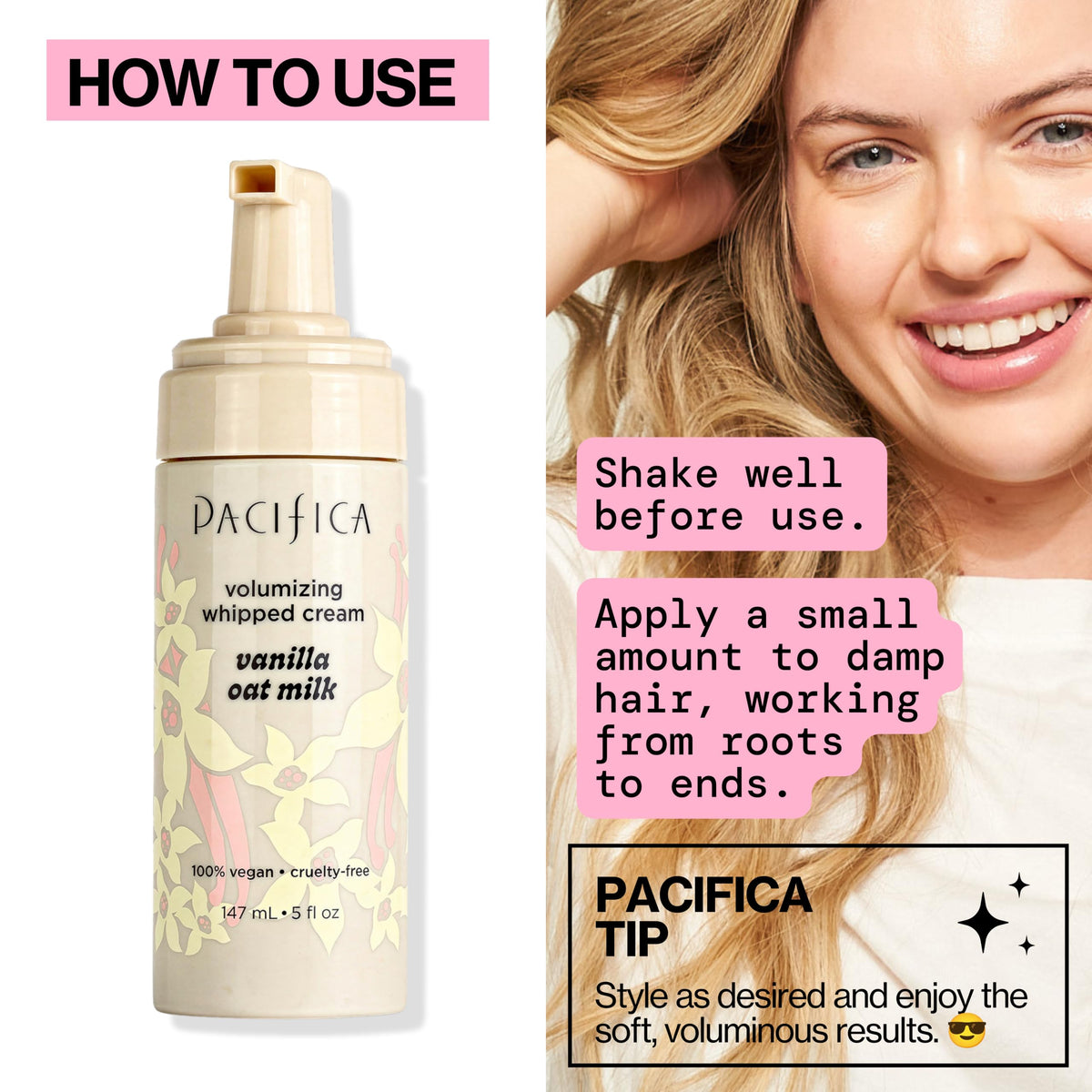 Pacifica mousse applied into hair before and after for visible soft volume