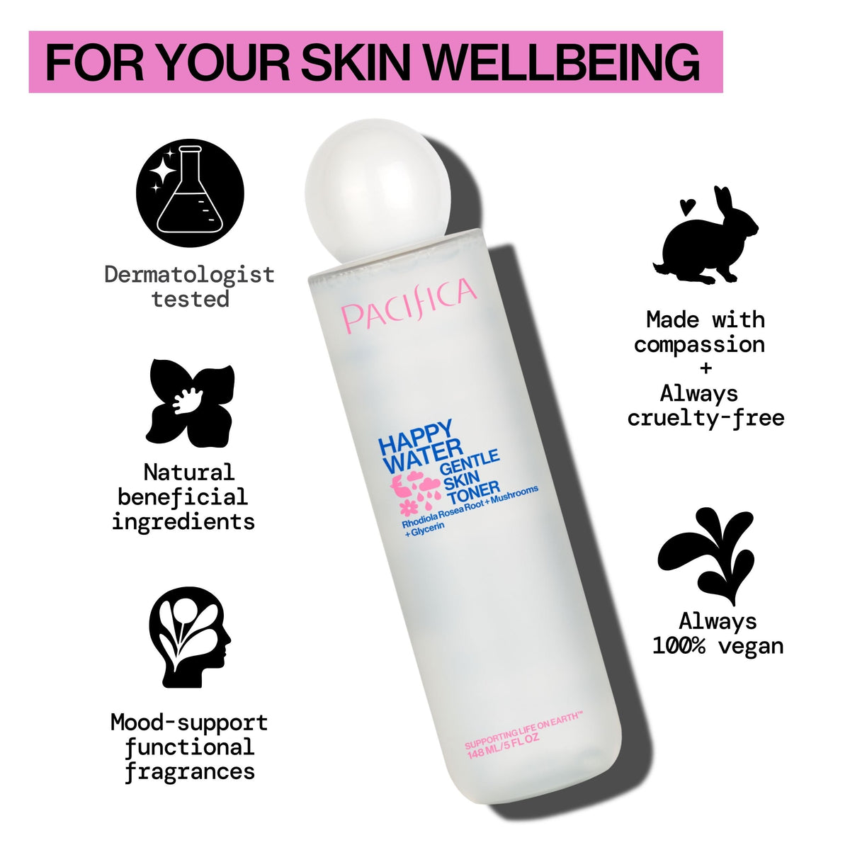 Pacifica Happy Water next to everyday items showing 4 oz travel-friendly benefit