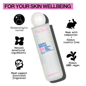 Pacifica Happy Water next to everyday items showing 4 oz travel-friendly benefit