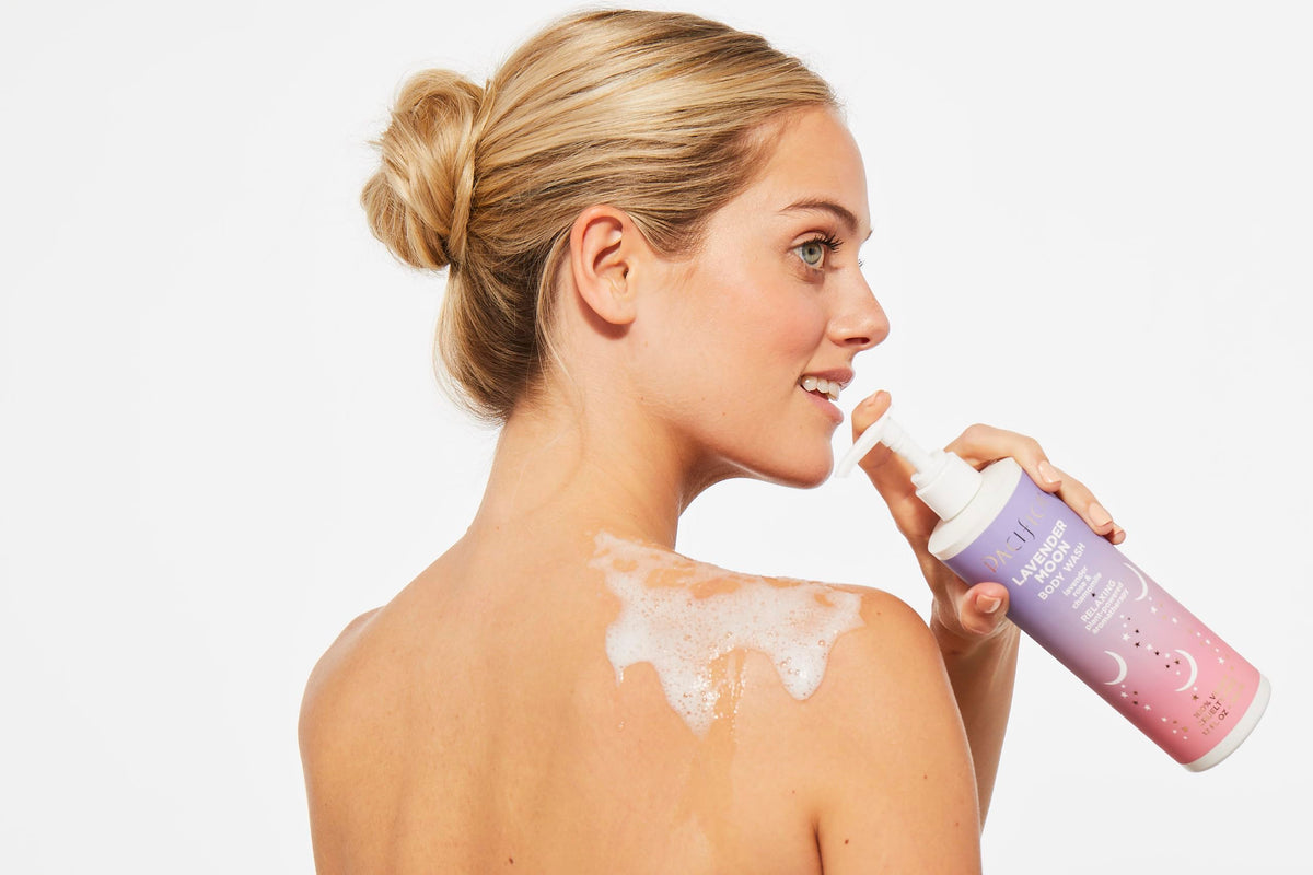 Pacifica bottle in shower lifestyle scene offering a relaxing scented experience
