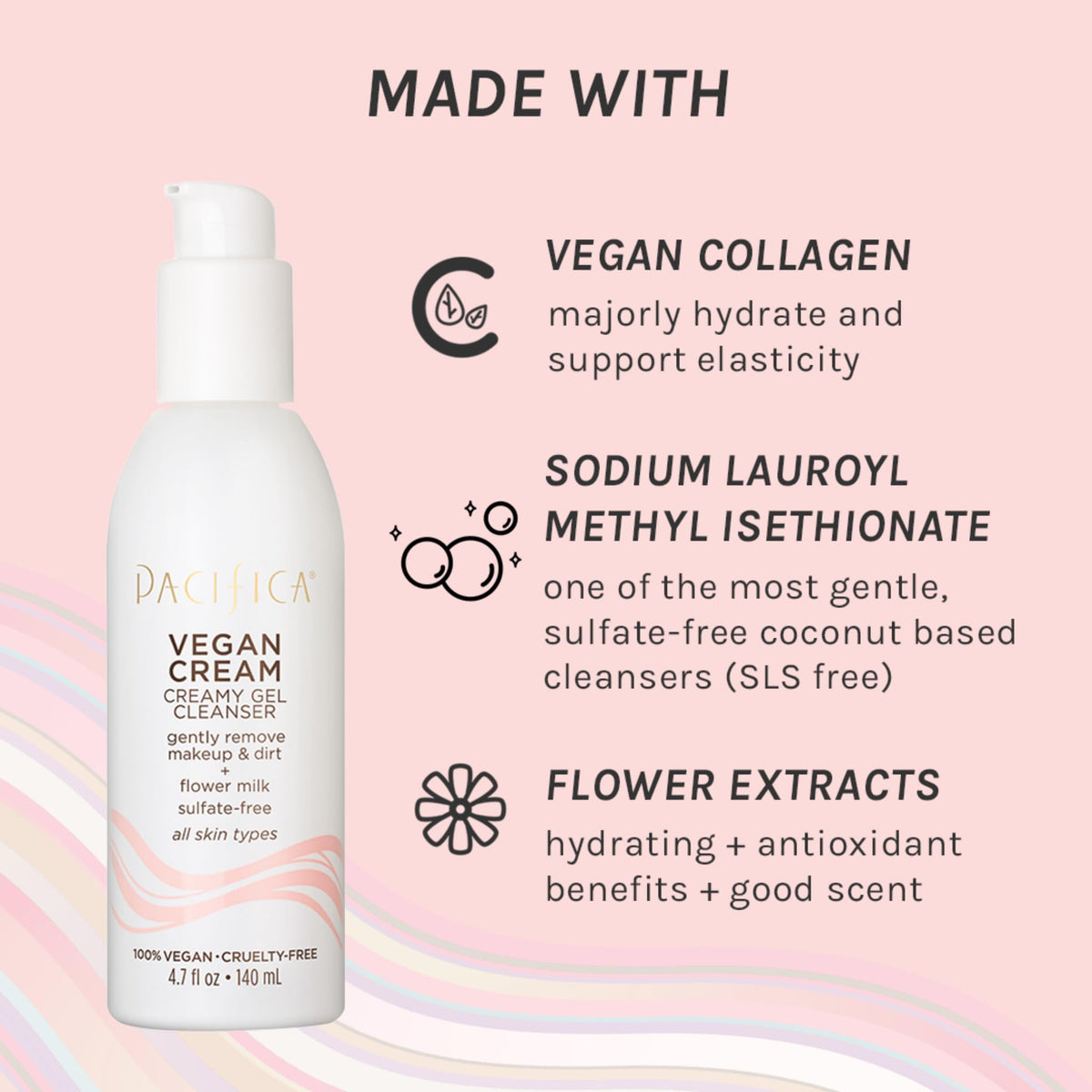Pacifica ingredients label closeup highlighting vegan collagen and floral extracts