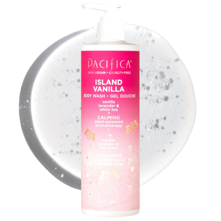 Pacifica front bottle showing island vanilla scent and recyclable packaging benefit