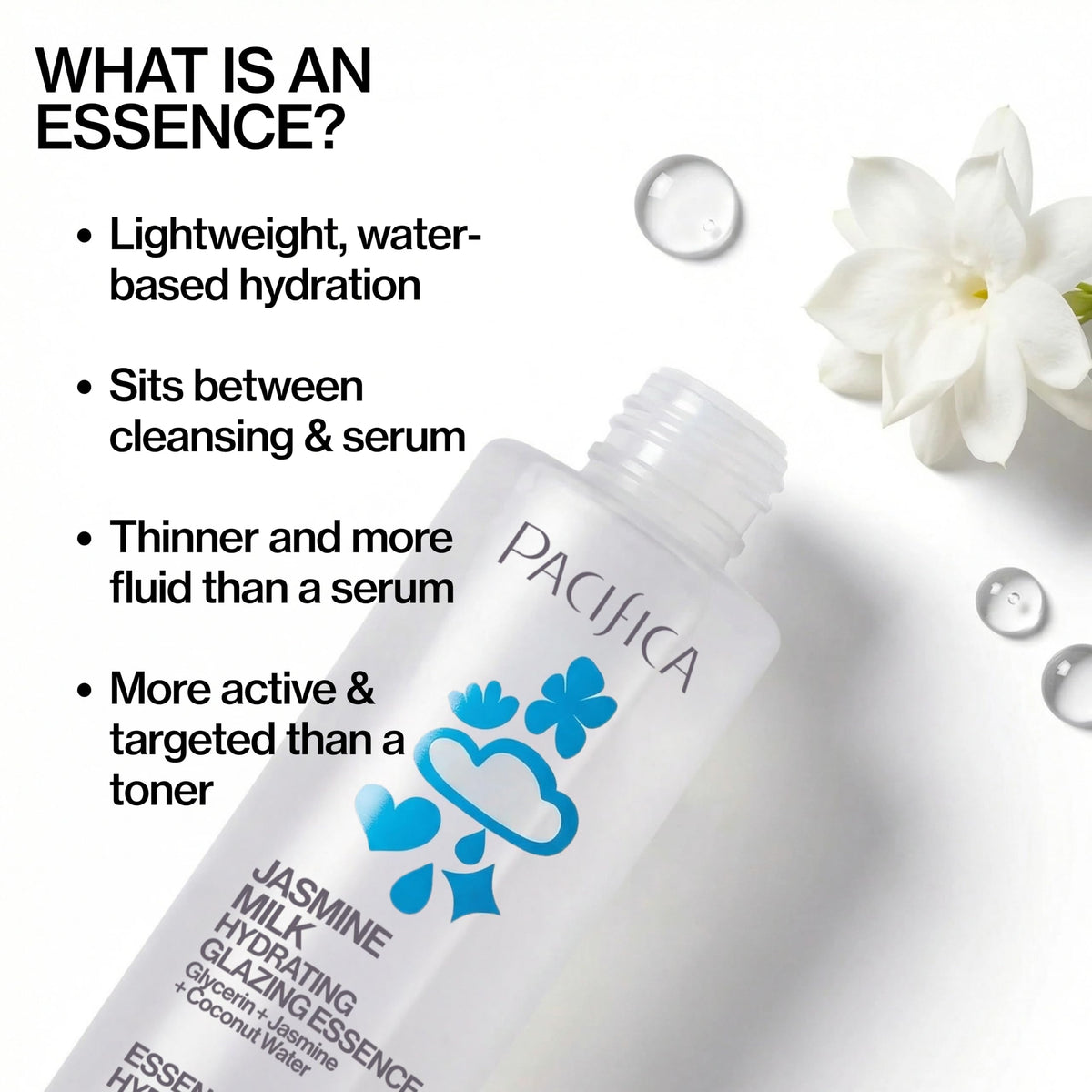 Pacifica essence dispensed on hand demonstrating lightweight hydration benefit