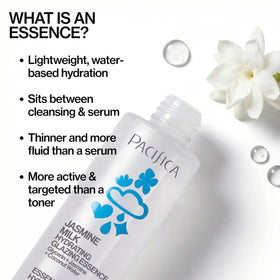 Pacifica essence dispensed on hand demonstrating lightweight hydration benefit
