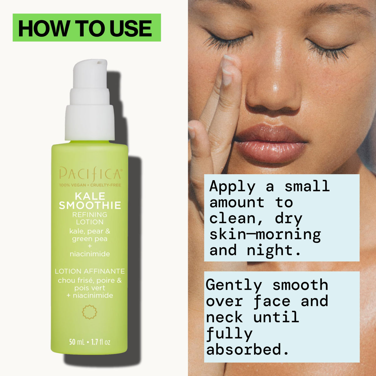 Pacifica applying lotion on cheek for smooth, non-greasy finish