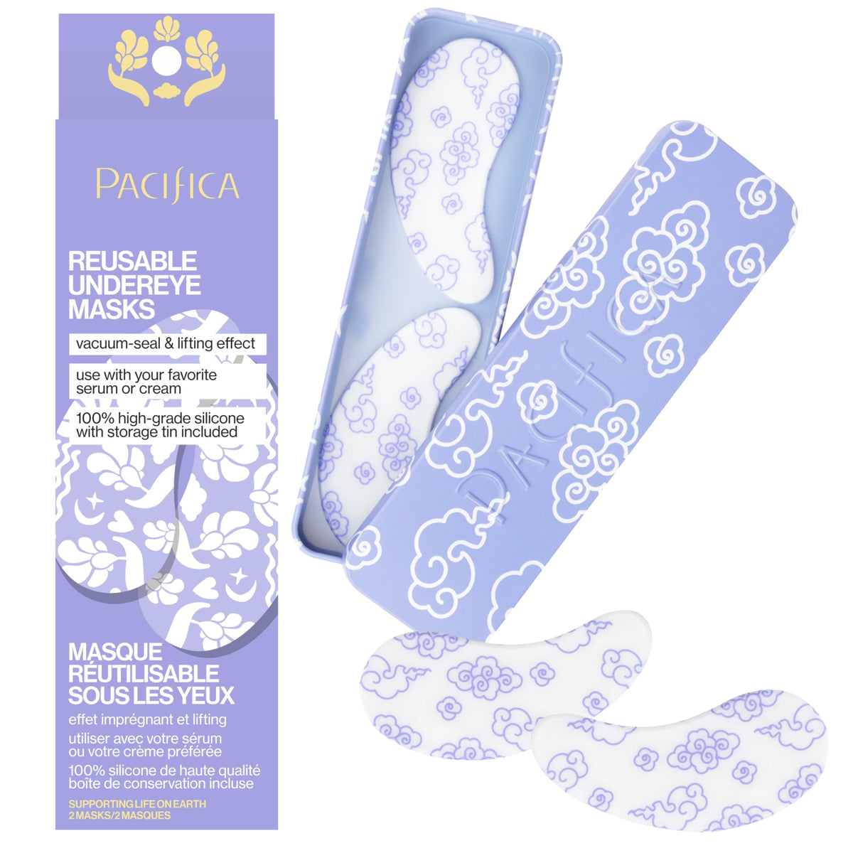 Pacifica mask applied under eye demonstrating crease-smoothing and serum sealing benefit