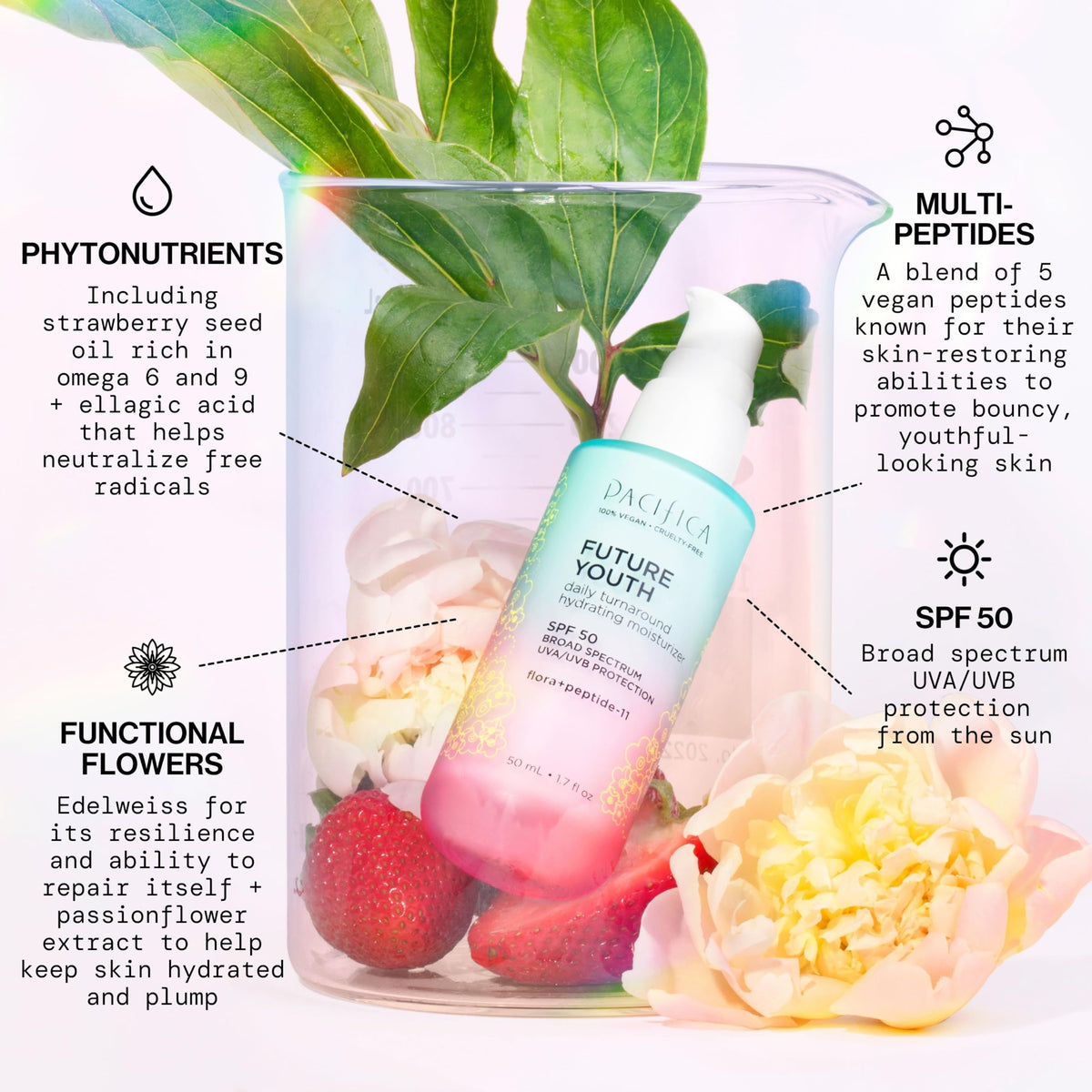 Pacifica product with flowers and kombucha highlighting botanical fortification