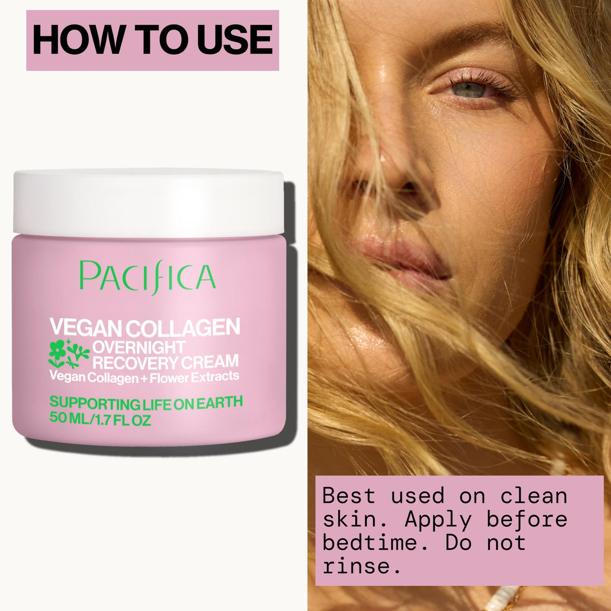 Pacifica cream being applied to neck to hydrate and firm overnight