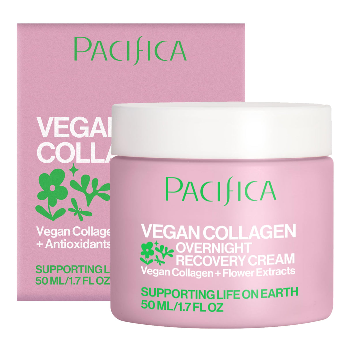 Pacifica jar front view showing clean vegan night cream packaging and benefit