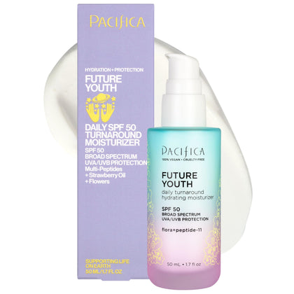 Pacifica front packaging showing peptide moisturizer and SPF 50 benefits