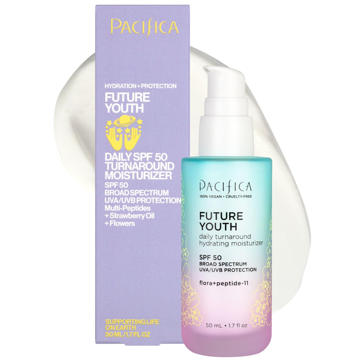 Pacifica front packaging showing peptide moisturizer and SPF 50 benefits