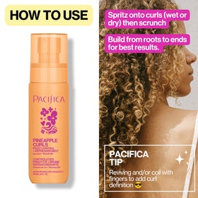 Pacifica spray droplets on hair strands showing lightweight texture and non-crunch finish
