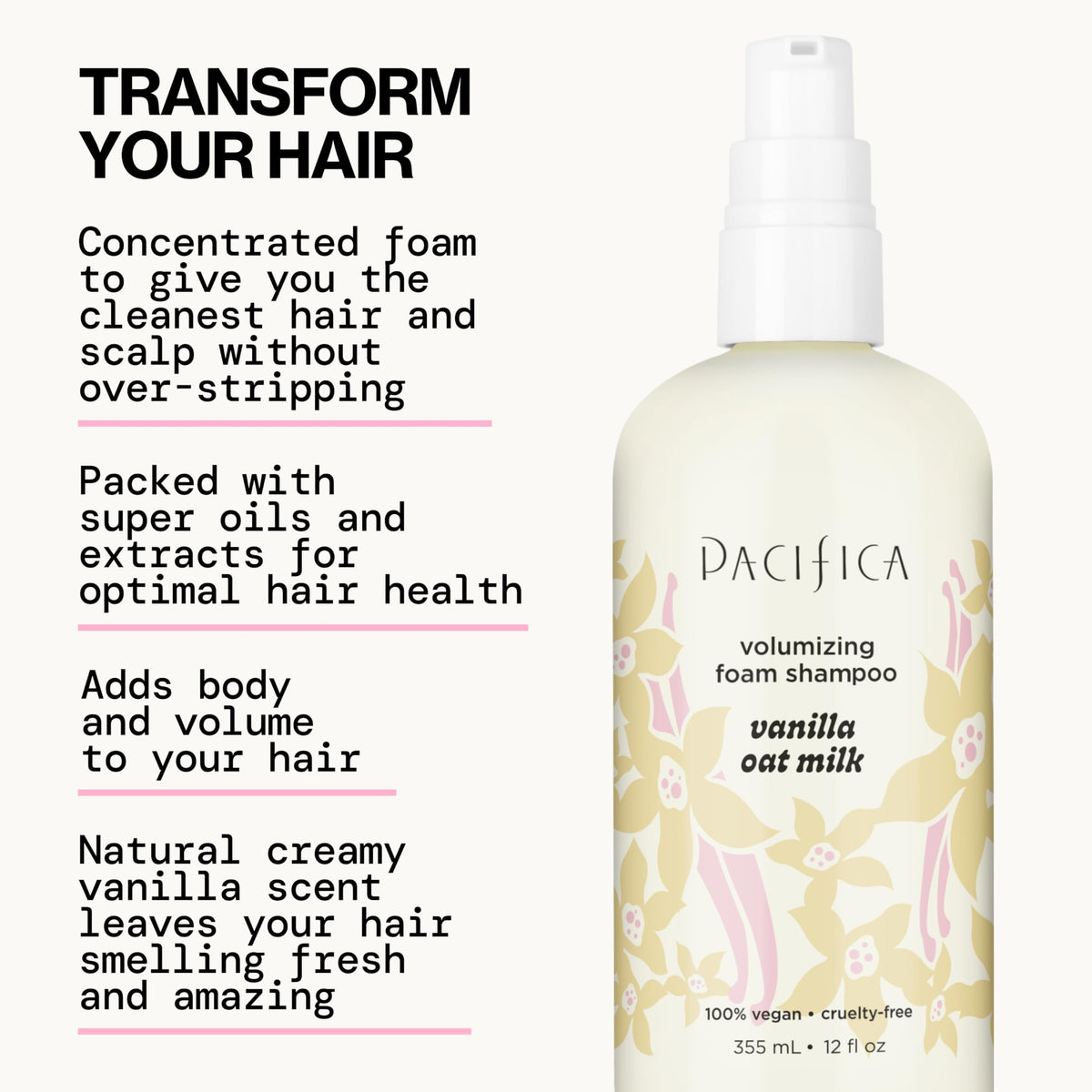 Pacifica pump dispensing shampoo into hand, demonstrates easy use and gentle lather