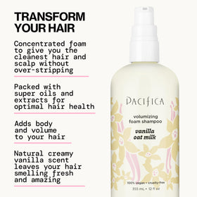 Pacifica pump dispensing shampoo into hand, demonstrates easy use and gentle lather