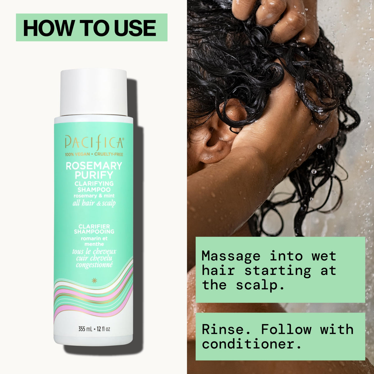 Pacifica shampoo staged in bathroom for lifestyle use showing spa-like refresh benefit