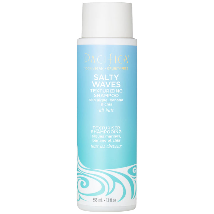 Pacifica front bottle showing Salty Waves shampoo and beachy benefit