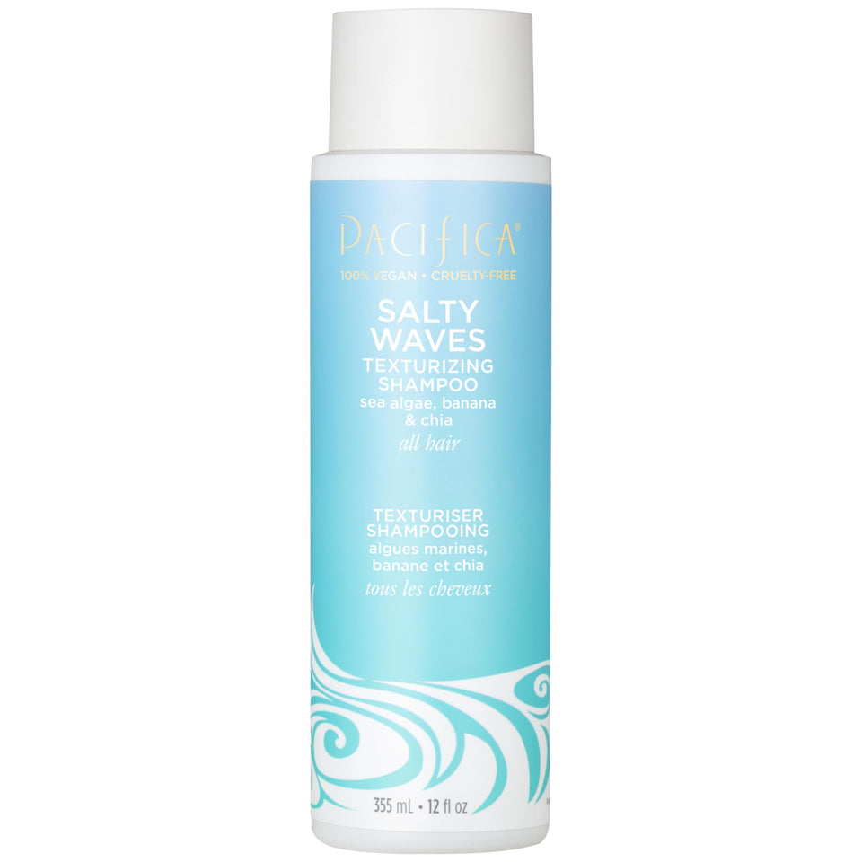 Pacifica front bottle showing Salty Waves shampoo and beachy benefit