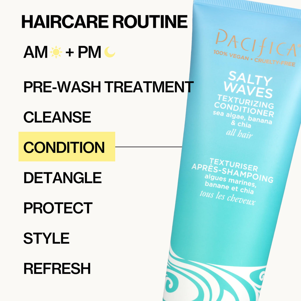 Pacifica conditioner in a beach bag lifestyle scene for on-the-go beachy benefit