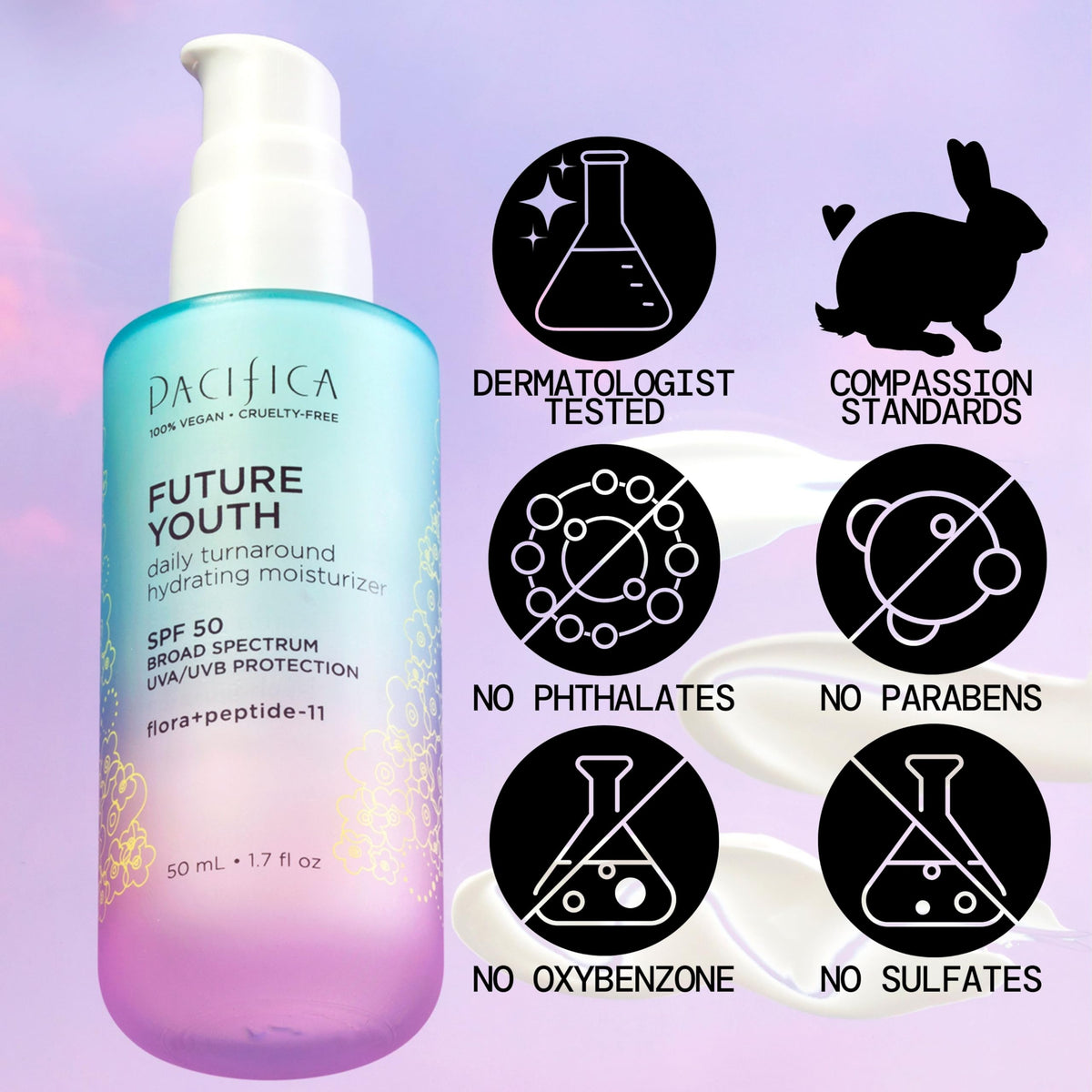 Pacifica applying moisturizer to skin demonstrating SPF 50 protection