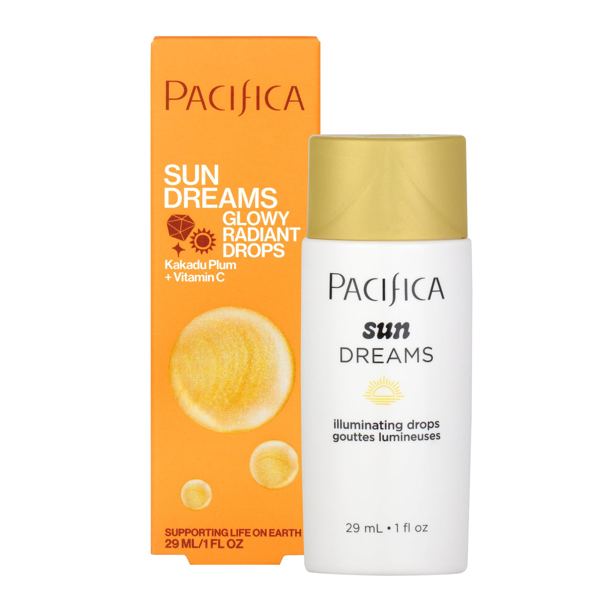 Pacifica front packaging showing bronzing drops and label, quick glow solution