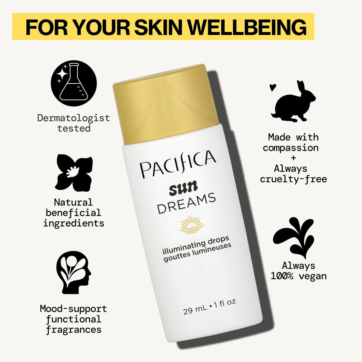 Pacifica drop blended into moisturizer, creates subtle all-over radiance