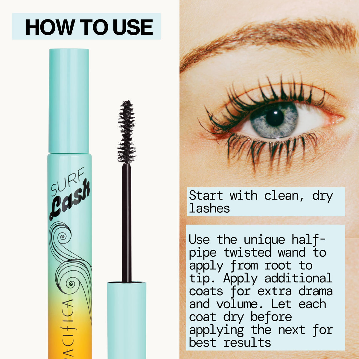 Side-by-side before and after lashes with Pacifica Surf Lash for visible length and separation