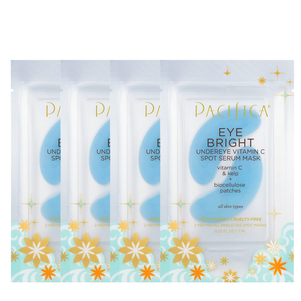 Pacifica front packaging shows bright eye four-pack, convenient travel size