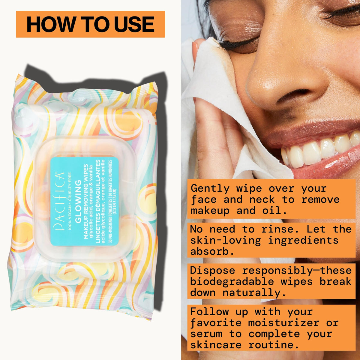 Pacifica saturated wipe detail demonstrating thorough makeup diffusion