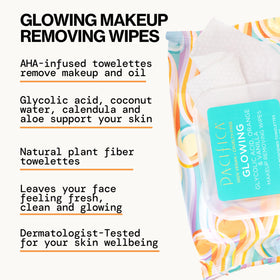 Flatlay of Pacifica ingredients displaying glycolic acid, coconut water, aloe for brightening