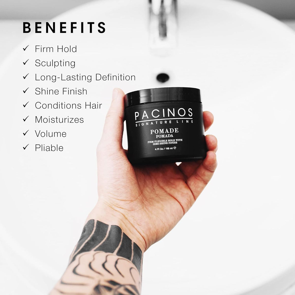 Hands applying Pacinos pomade demonstrating easy spread and flexible hold benefit