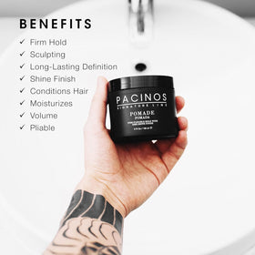 Hands applying Pacinos pomade demonstrating easy spread and flexible hold benefit