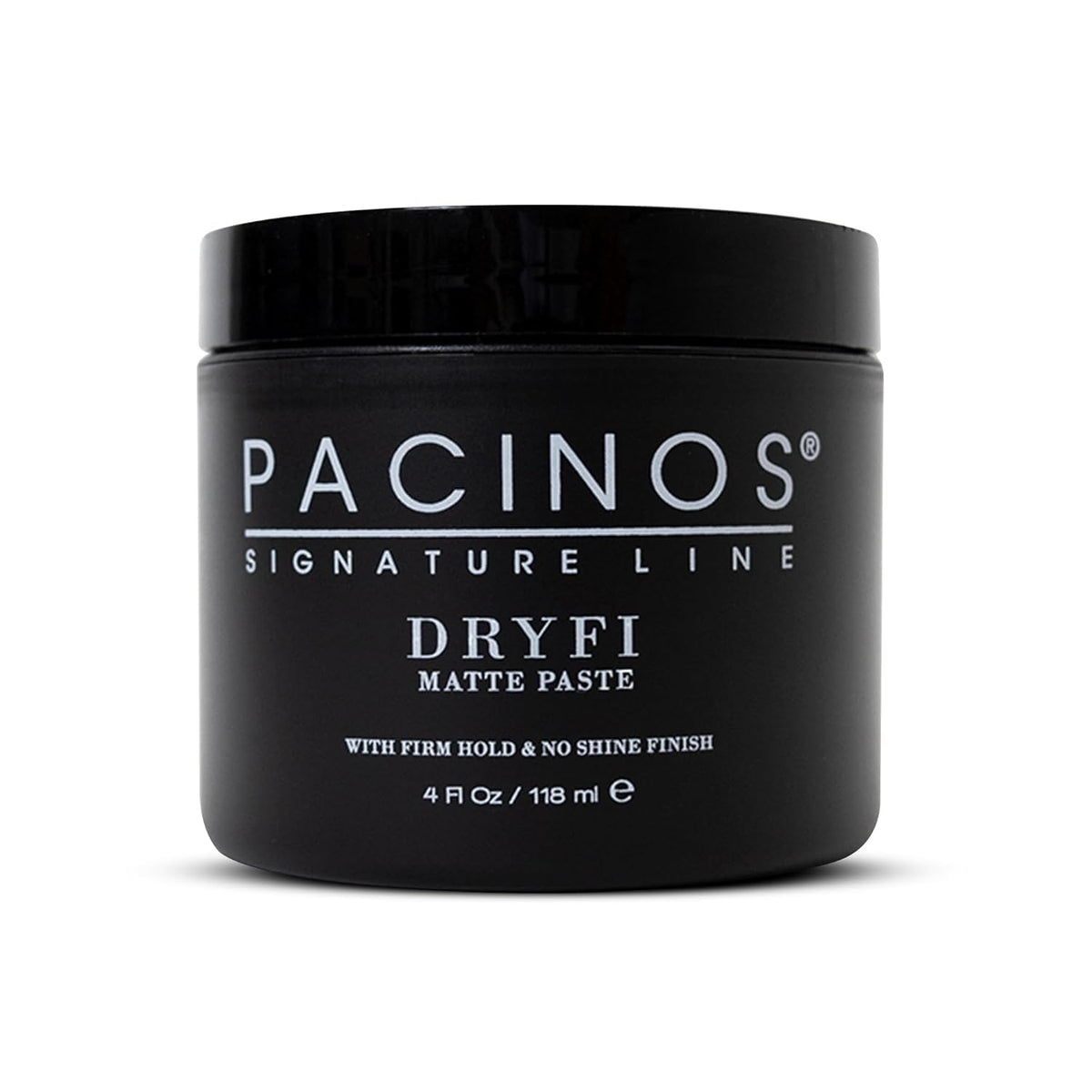 pacinos DRYFI front jar showing clean matte packaging and product size benefit