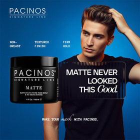 pacinos DRYFI styled hair side profile showing matte finish and textured definition benefit