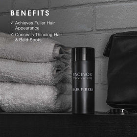 Pacinos Fiber Hold Spray bottle showing stabilizing spray for all-day security
