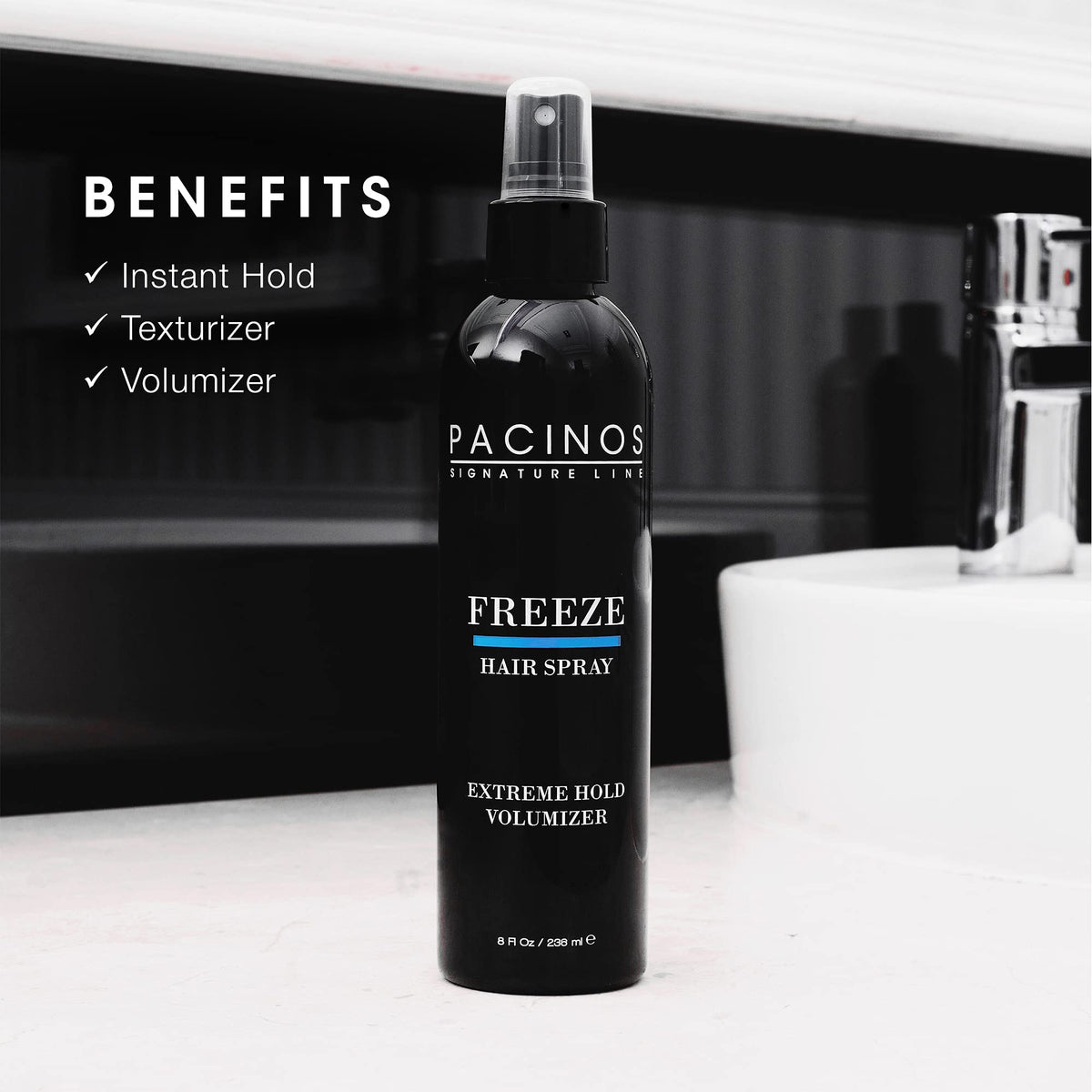 Pacinos side label detail highlighting quick-dry and professional features