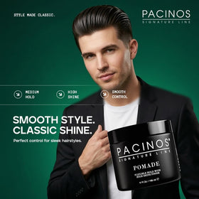 Pacinos open jar texture showing glossy pomade and smooth application benefit