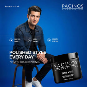 Close-up of Pacinos product label highlighting key features and salon-quality benefit