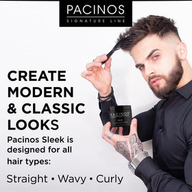Model side profile styled with Pacinos pomade showing glossy wet look