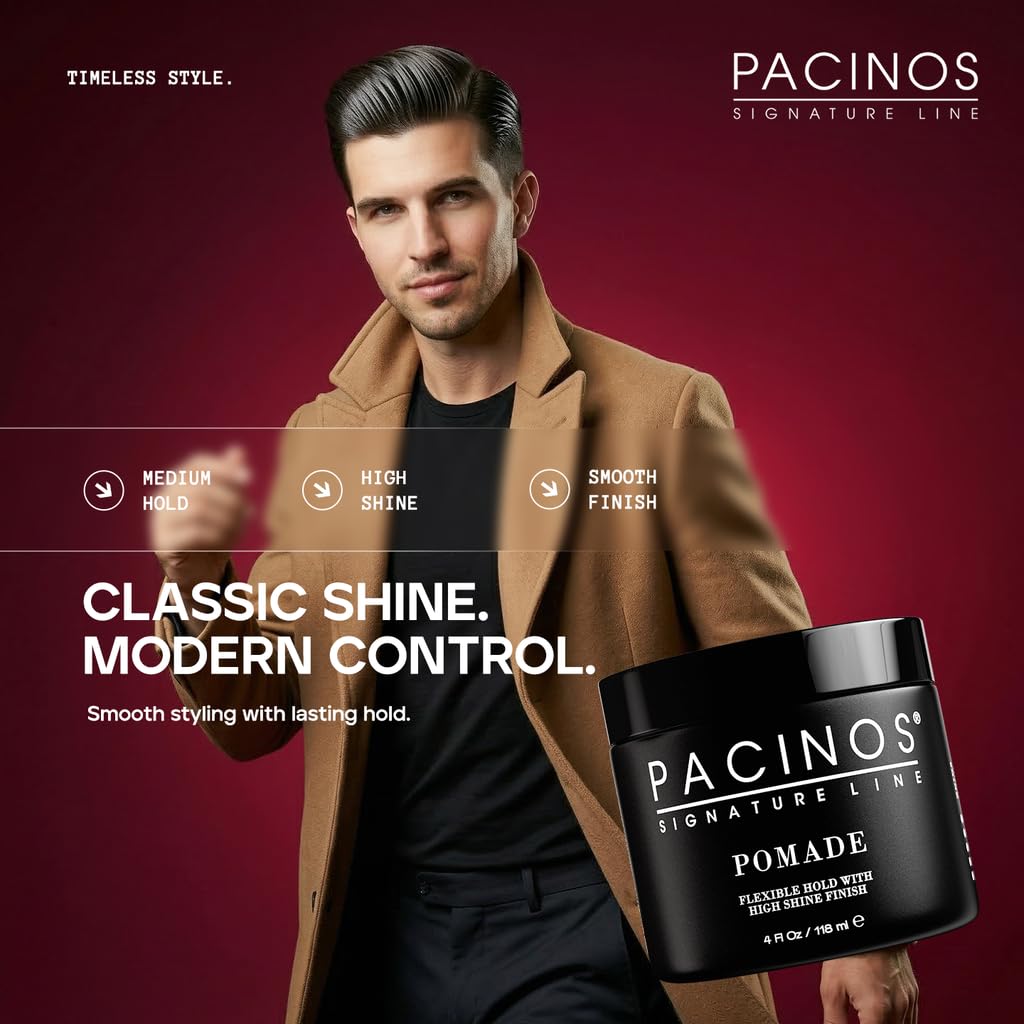 Model with slicked-back hair using Pacinos displaying high shine and frizz control benefit