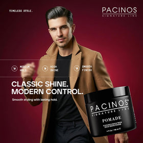 Model with slicked-back hair using Pacinos displaying high shine and frizz control benefit