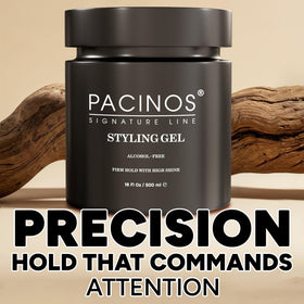 Pacinos styled slick back on model demonstrating firm hold and polished look