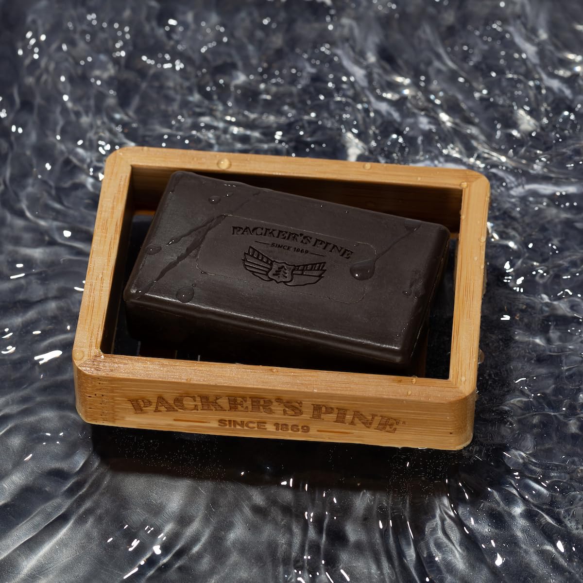 Packer's Pine soap on bathroom shelf suggesting rustic grooming routine