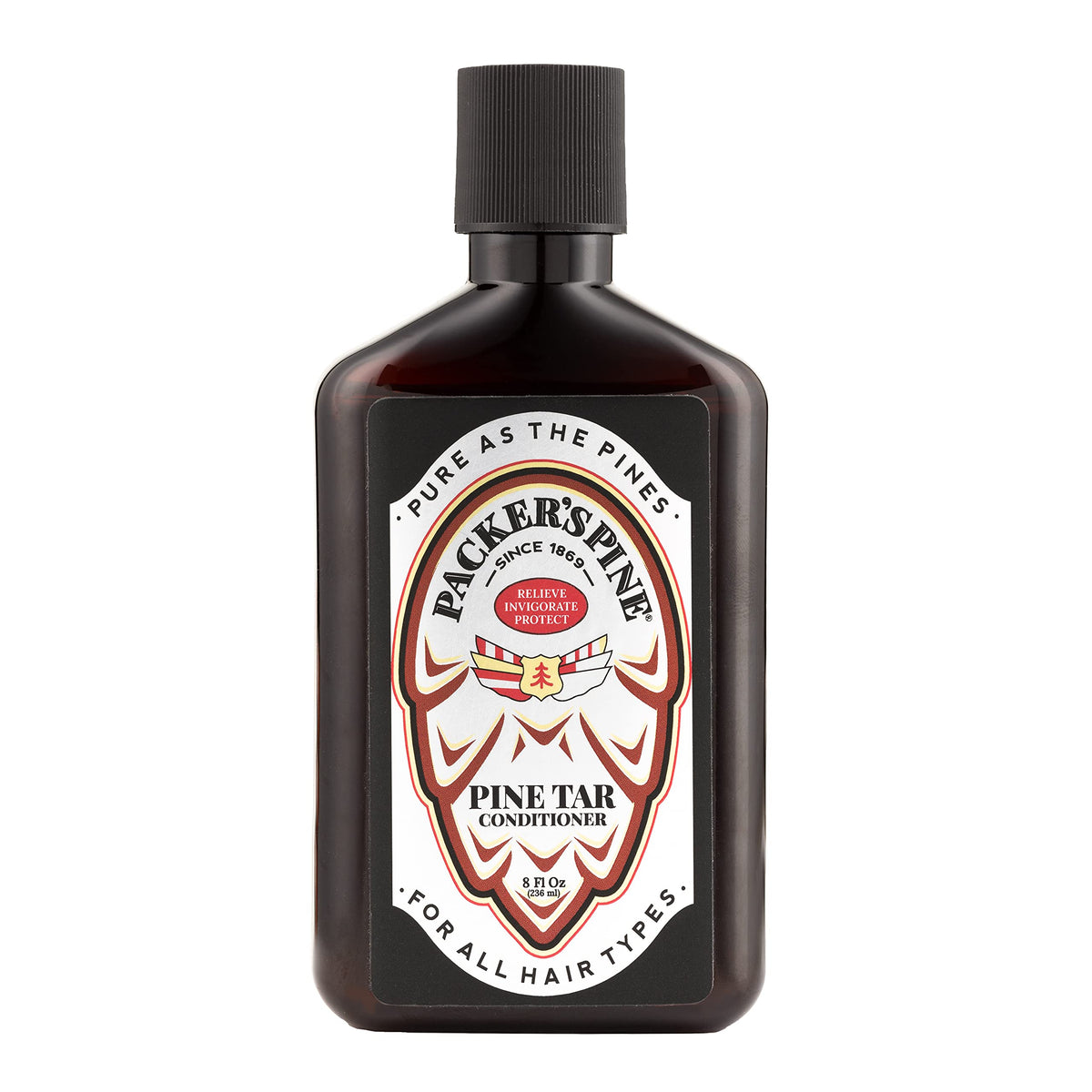 Packer's Pine front bottle showing conditioner label and size, highlights natural formulation