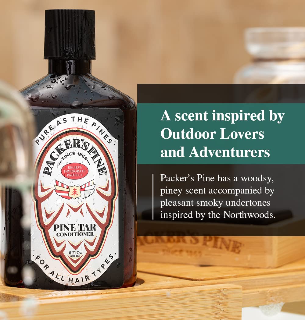 Packer's Pine conditioner next to matching shampoo, illustrates complementary routine pairing