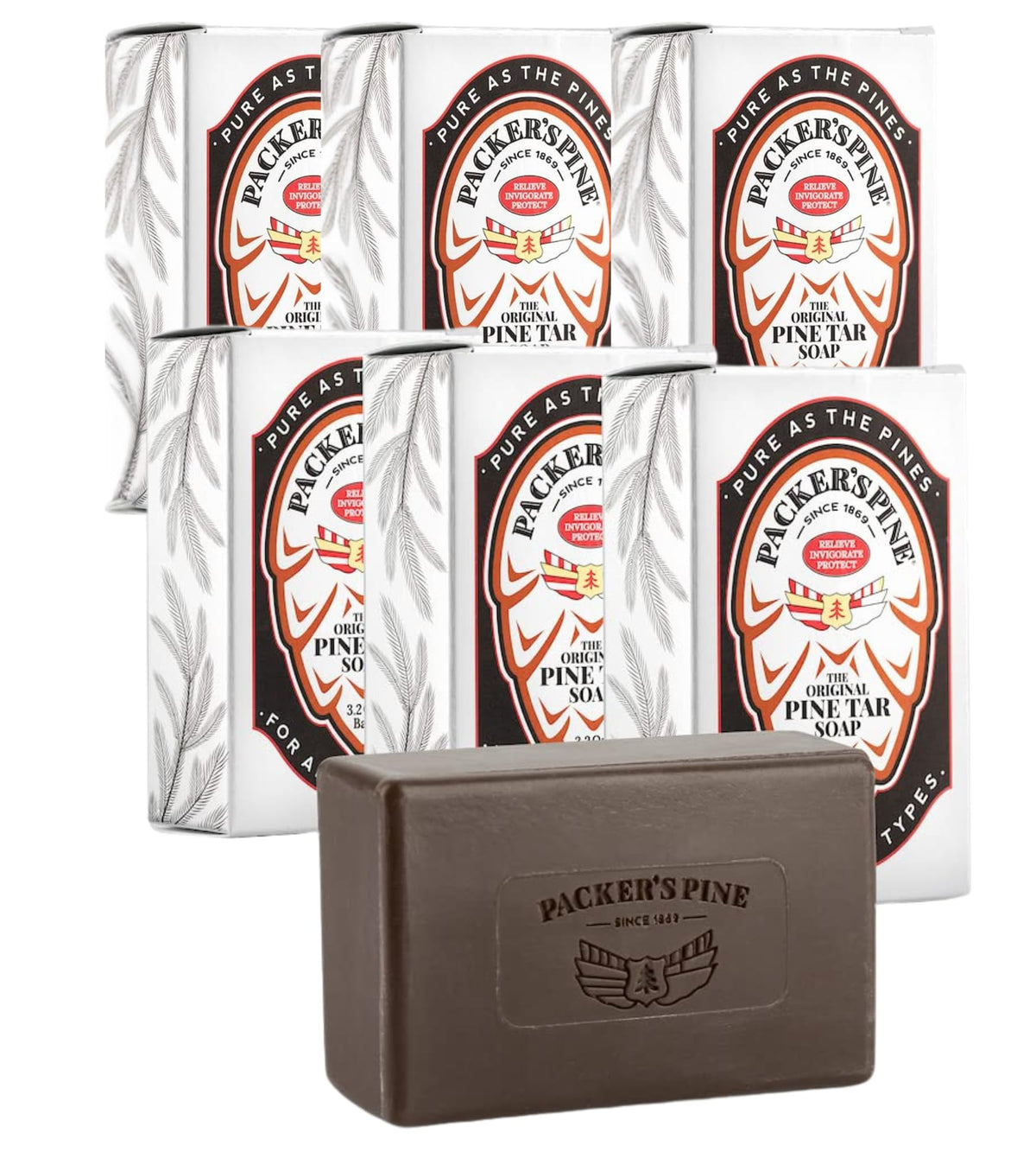Packer's Pine front packaging showing six 3.2 oz bars and vintage branding for authenticity
