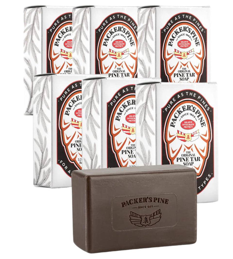 Packer's Pine front packaging showing six 3.2 oz bars and vintage branding for authenticity