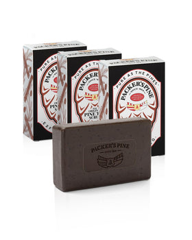 Packer's Pine front packaging showing three natural soap bars and brand