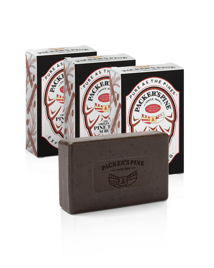 Packer's Pine front packaging showing three natural soap bars and brand