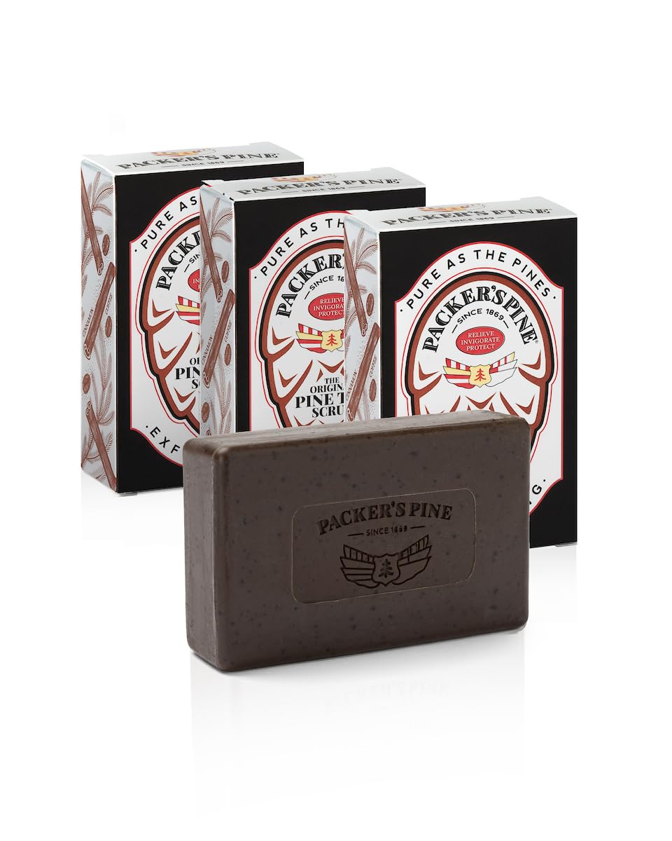 Packer's Pine front packaging showing three natural soap bars and brand