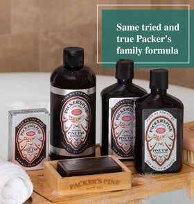 Packer's Pine rich lather on palm demonstrating deep cleansing suds and effectiveness